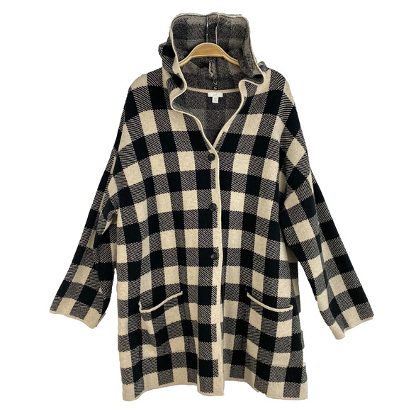 J Jill Hooded Long Cardigan Sweater Women 2X Black Buffalo Plaid Cottagecore - Picture 1 of 11